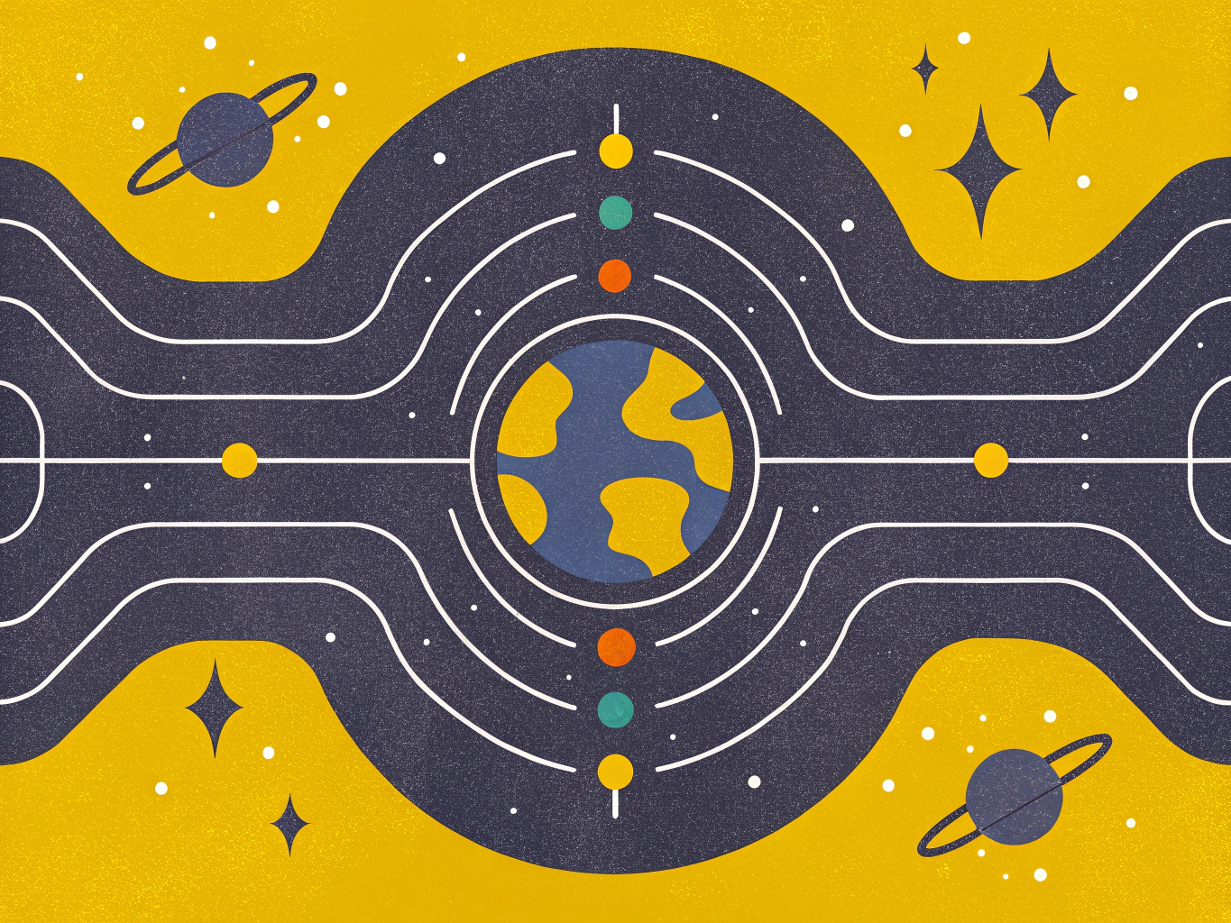 Stylized illustration of Earth at the center of a dark grey network with wavy white lines, surrounded by concentric rings, planets, and stars on a yellow background.